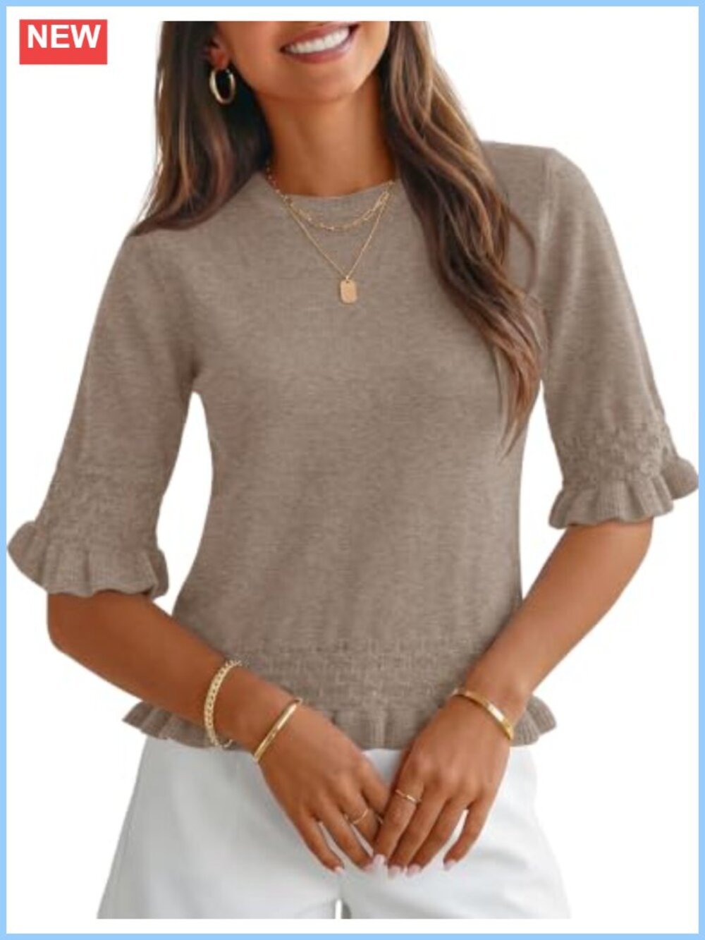 Womens 3/4 Sleeve Peplum Sweater Crewneck Knit Ruffle Hem Top